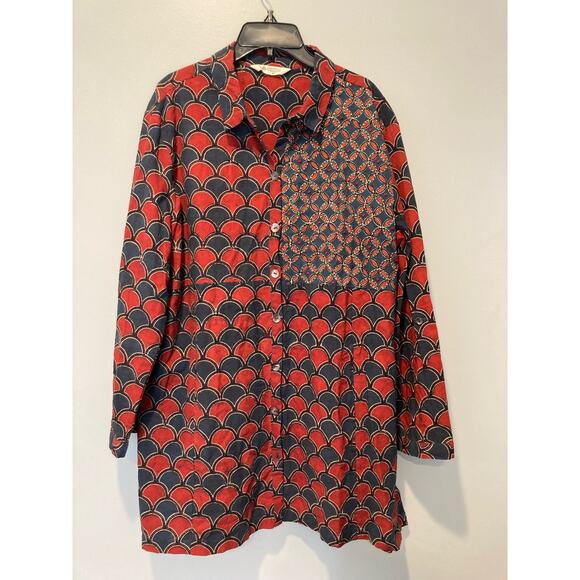 India-made 100% Organic Cotton Tunic Red & Blue pattern - Picture 2 of 14